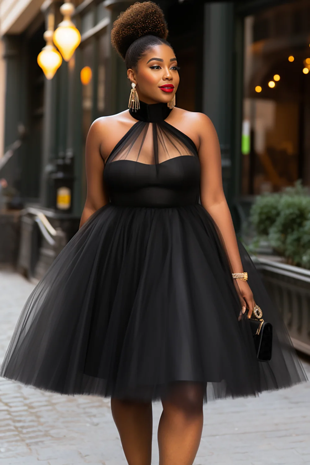 Xpluswear Design Plus Size Cocktail Party Black Halter Collar See Through Tulle Mini Dresses [Pre-Order]