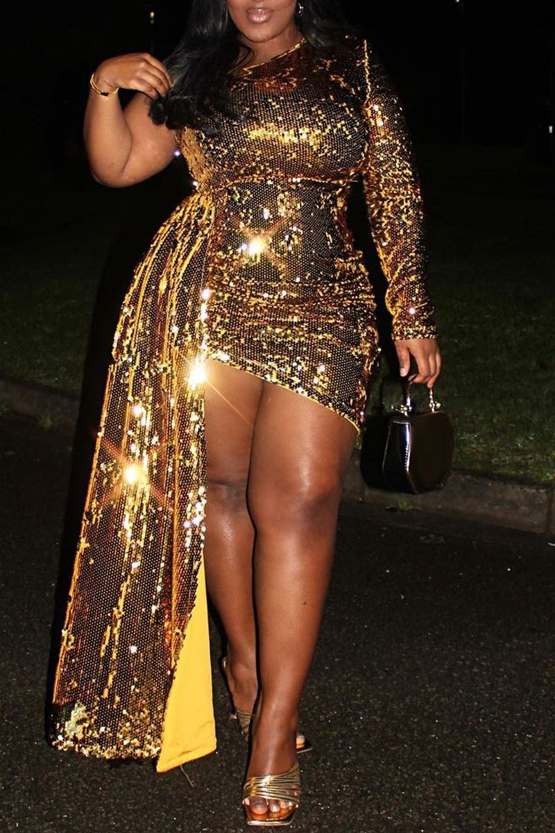 Xpluswear Plus Size Gold Party One Shoulder Side Streamer Long Sleeve Sequin Mini Dress