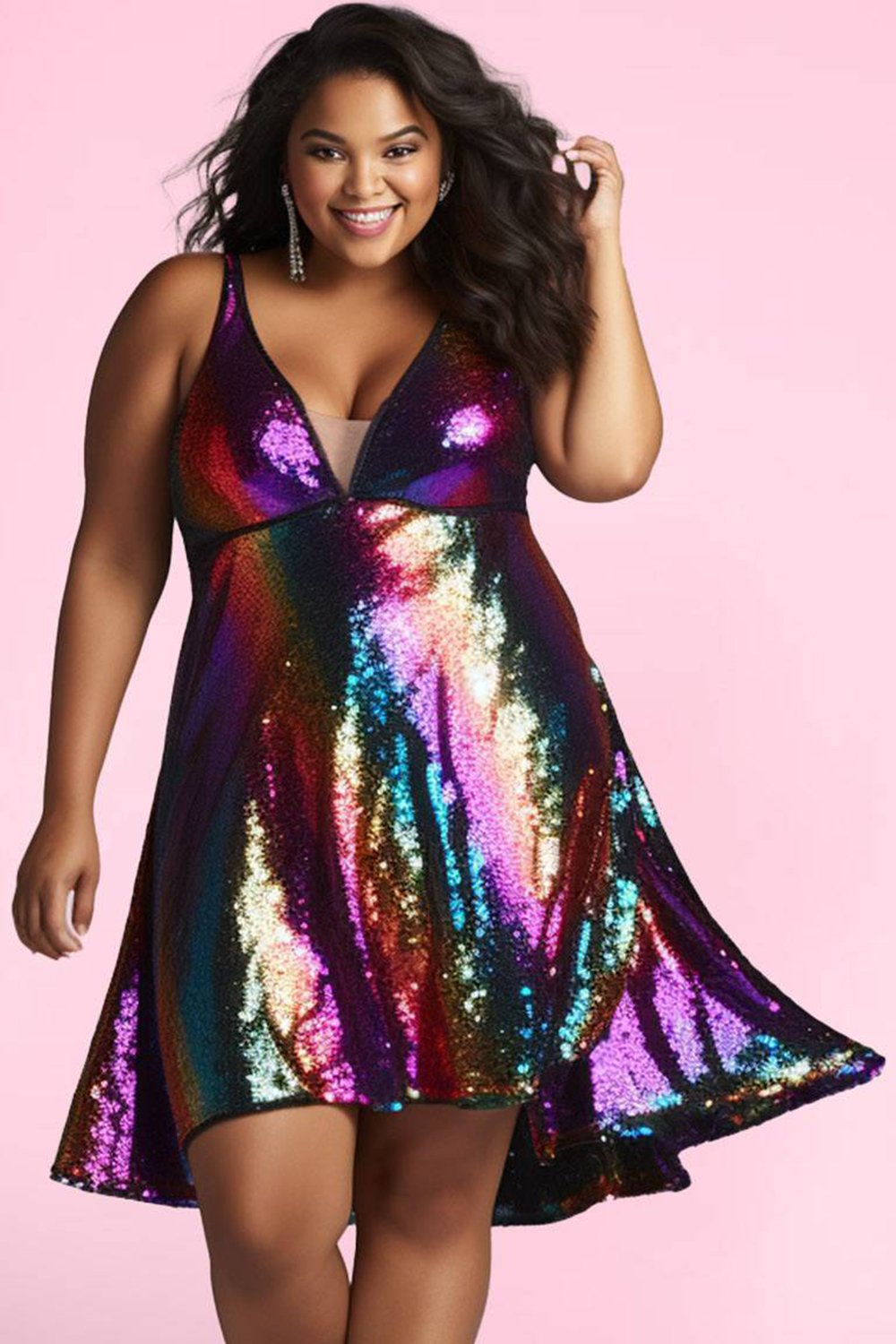 Xpluswear Design Plus Size Party Multicolor Rainbow Colorblock Glitter V Neck Mini Dresses [Pre-Order]