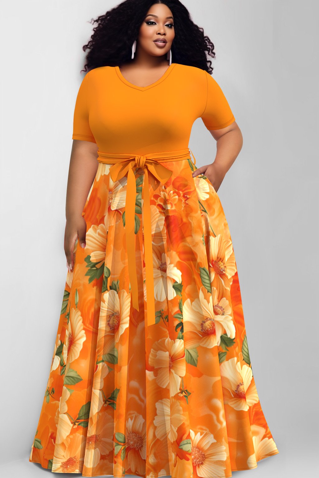 Xpluswear Design Plus Size Casual Orange Floral Print V Neck Lace Up Pockets Maxi Dresses