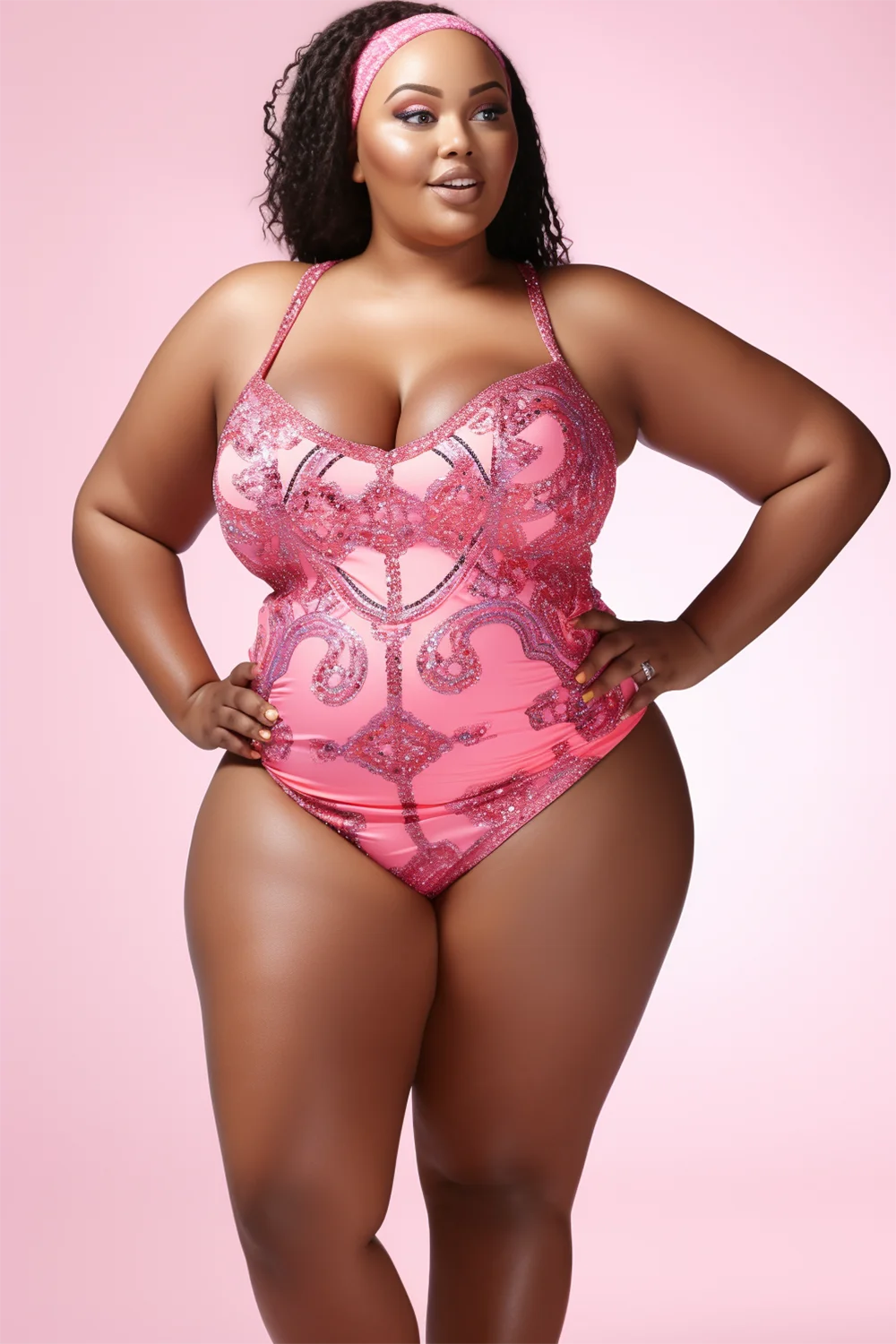 Xpluswear Design Plus Size Beach One Pieces Swimwear Pink Spring Summer Print One Pieces Swimwear [Pre-Order]