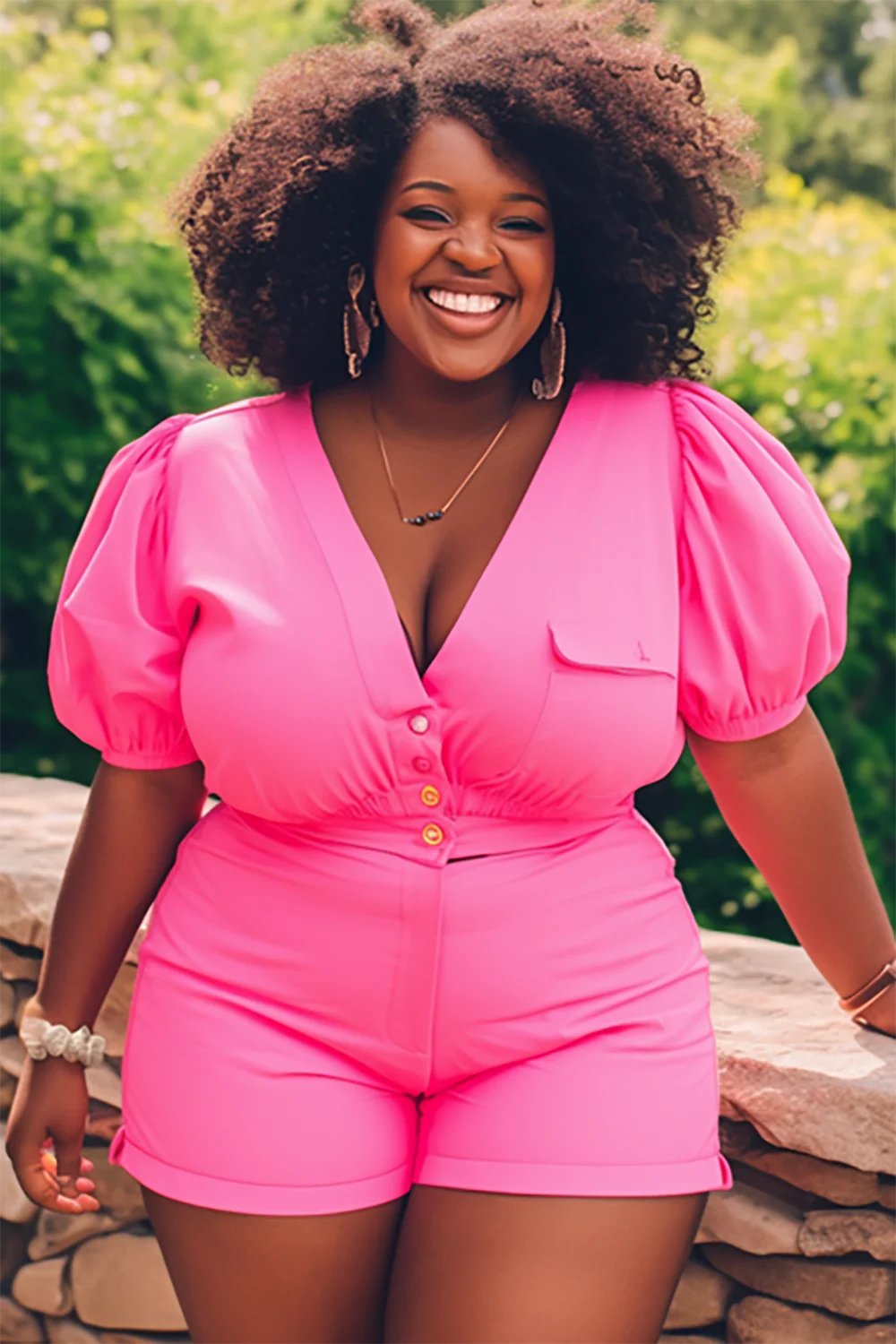 Xpluswear Design Plus Size Vacation Hot Pink V Neck Puff Sleeve Short Sleeve Two Piece Short Sets [Pre-Order]