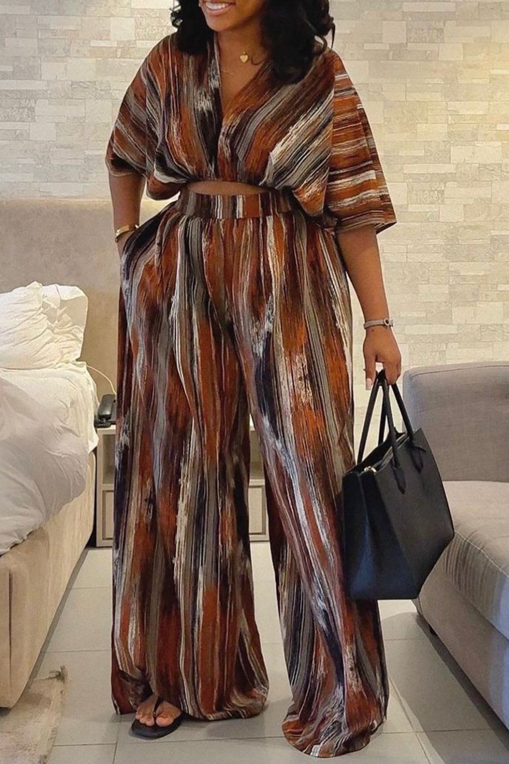 Plus Size Daily Brown Ankara V Neck Half Sleeve Wide Leg Pocket Linen Two Piece Pant Sets [Pre-Order]