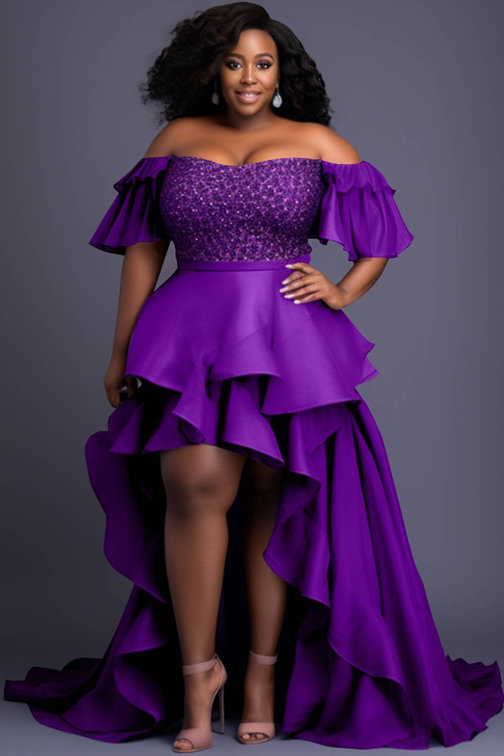 Xpluswear Design Plus Size Formal Elegant Purple Off The Shoulder Contrast Asymmetric Hem Tiered Mesh Maxi Dresses [Pre-Order]