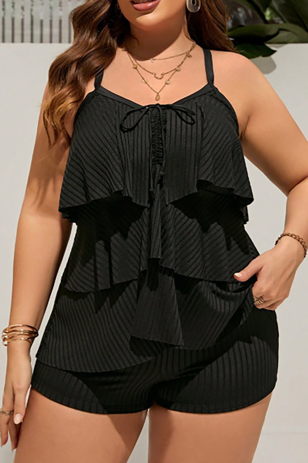 Plus Size Vacation Swimsuit Black Spring Summer Cami Lace Up Layered Two Piece Swimsuit