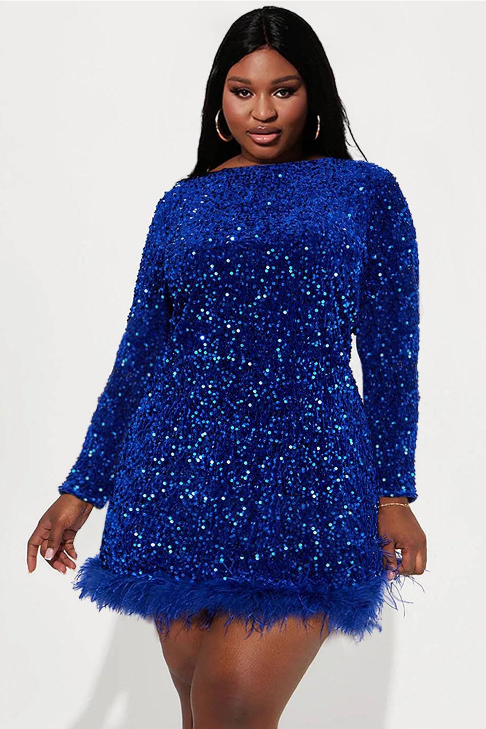 Xpluswear Design Plus Size Party Dress Royal Blue Round-Neck Long Sleeve Sequin Feather Mini Dress