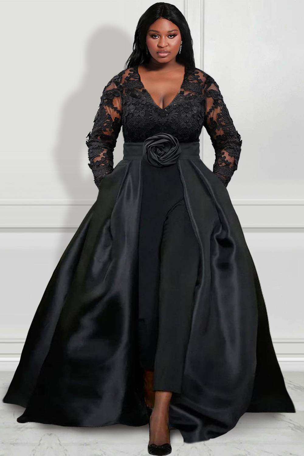 Xpluswear Design Plus Size Formal Jumpsuit Black Satin V-Neck Lace Long Sleeve Overlay Skirt Jumpsuit