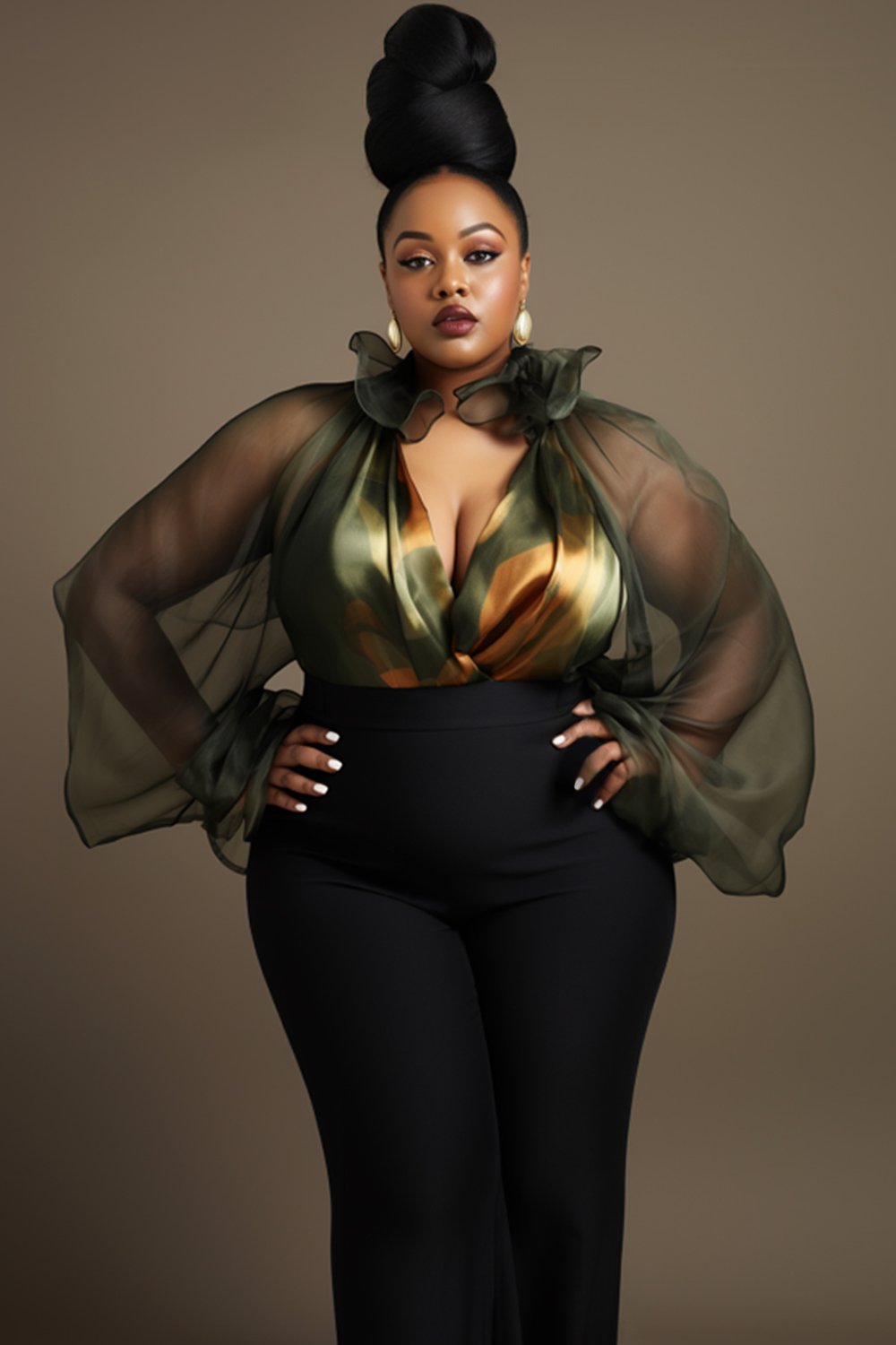 Xpluswear Design Plus Size Semi Formal Green Geometric V Neck Flare Long Sleeve Ruffle See Through Organza Blouses [Pre-Order]