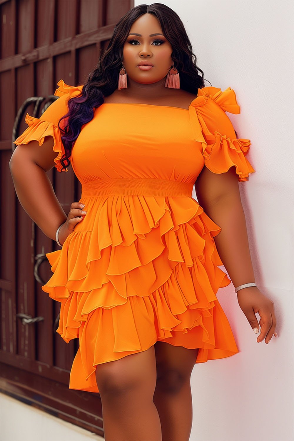 Xpluswear Design Plus Size Daily Orange Square Neck Ruffle Knitted Mini Dresses [Pre-Order]