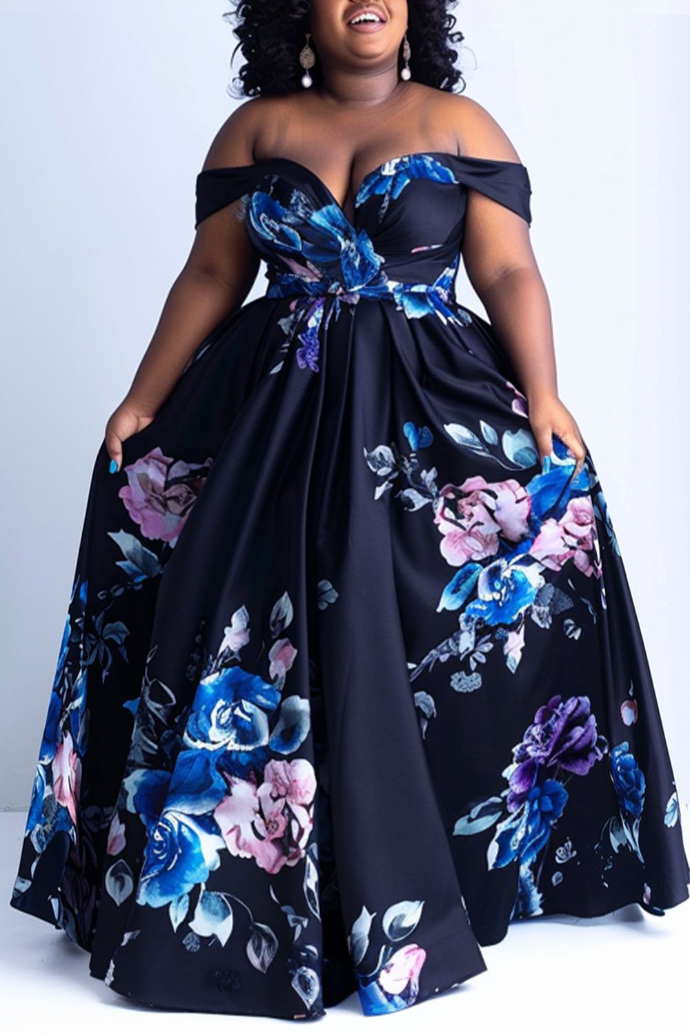 Xpluswear Design Plus Size Formal Navy Blue Floral Off The Shoulder Pleated Satin Maxi Dresses [Pre-Order]