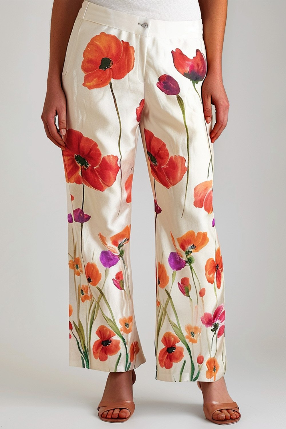 Xpluswear Design Plus Size Business Casual Ivory Floral Satin Pants [Pre-Order]