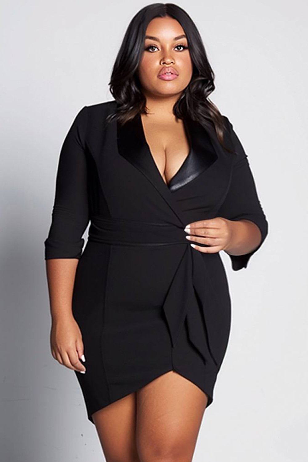 Xpluswear Design Plus Size Business Casual Black Turndown Collar 3/4 Sleeve Mini Dresses [Pre-Order]