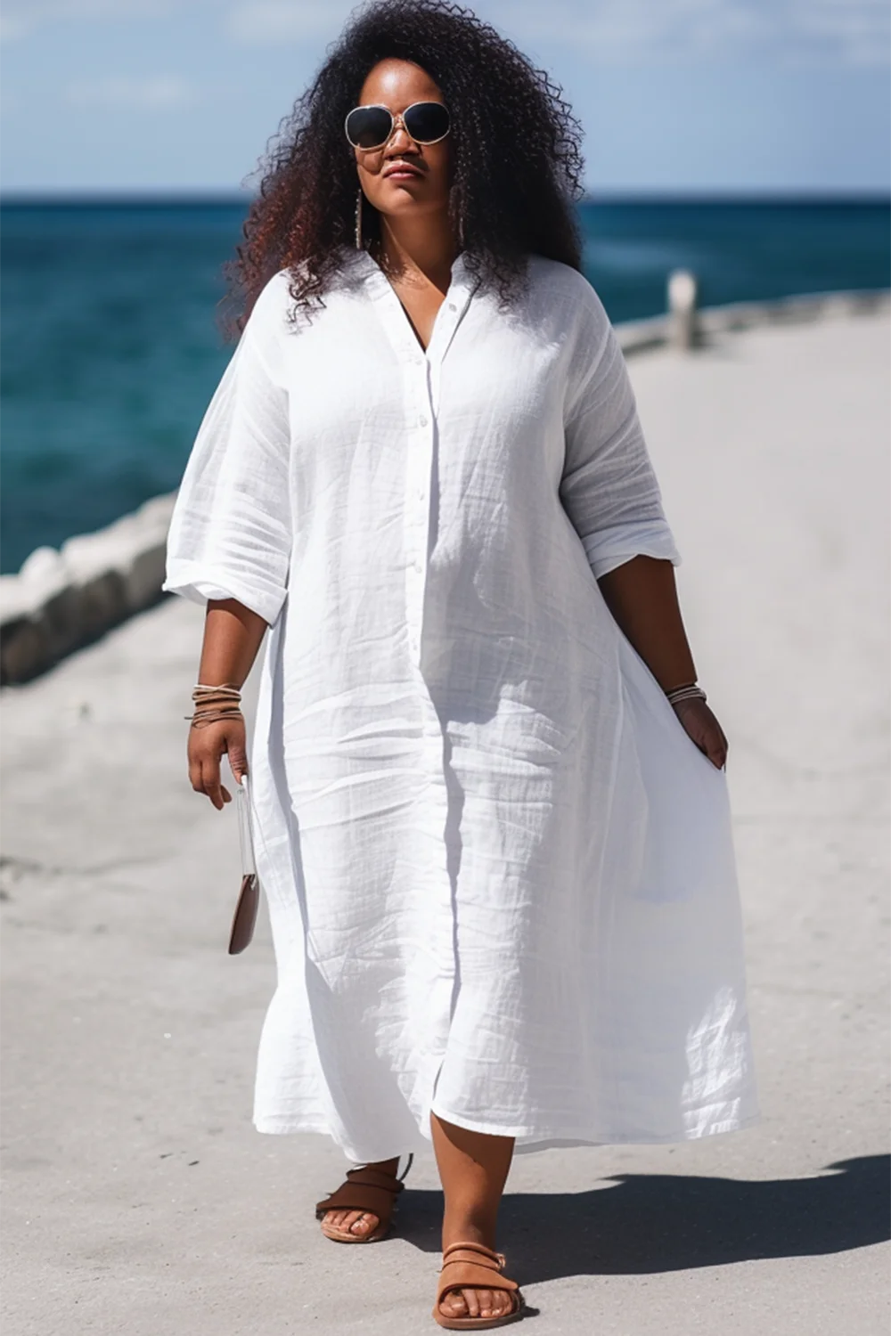 Xpluswear Design Plus Size White Beach Single Breasted Long Sleeve Shirtdress Linen Midi Dress [Pre-Order]