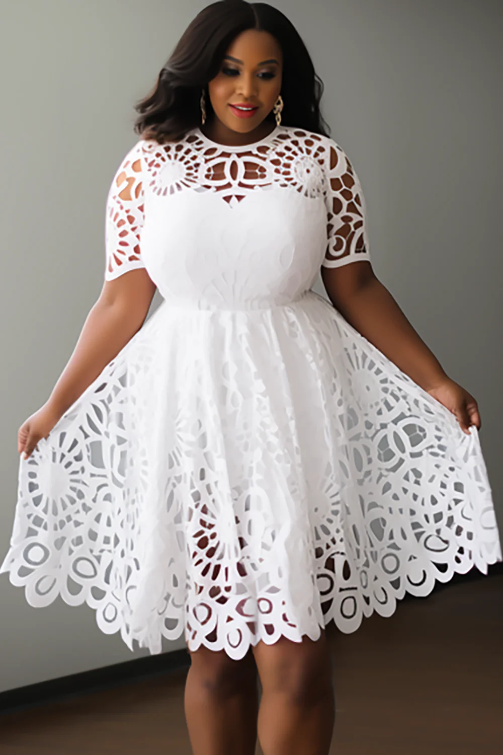 Xpluswear Design Plus Size Semi Formal White Round Neck Short Sleeve See Through Guipure Lace Mini Dresses [Pre-Order]