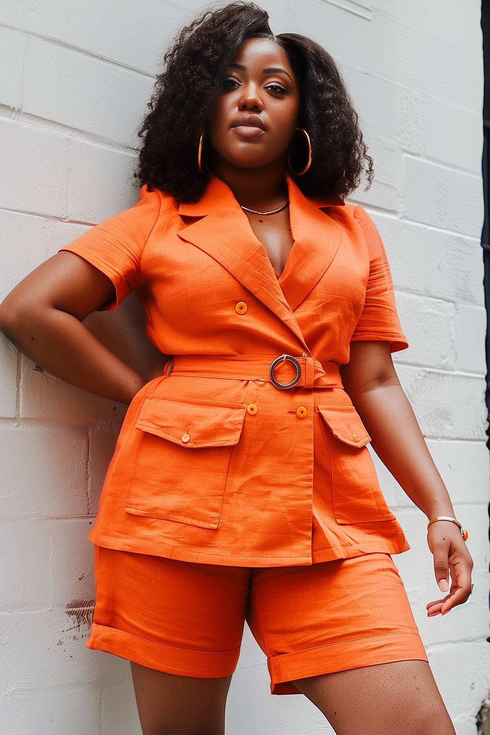 Xpluswear Design Plus Size Business Casual Orange Turndown Collar Short Sleeve Linen Two Piece Short Sets [Pre-Order]