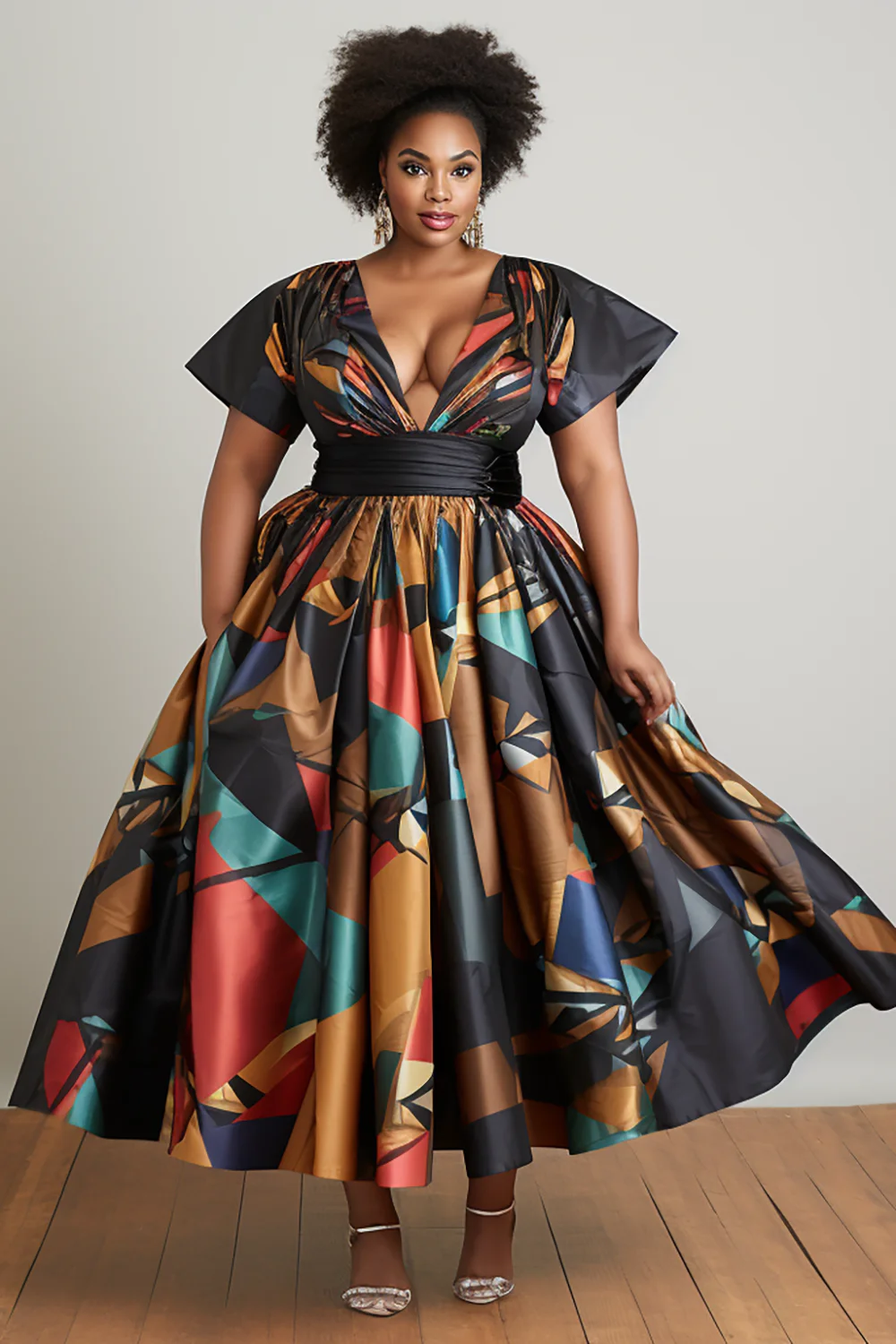 Xpluswear Design Plus Size Daily Midi Dresses Elegant Black Ankara Spring Summer V Neck Short Sleeve Pocket Satin African Midi Dresses [Pre-Order]