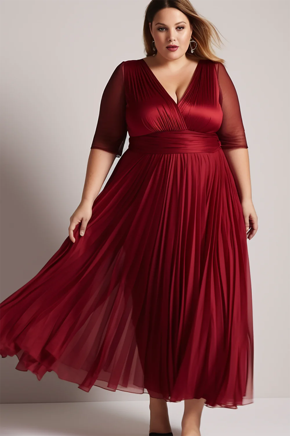 Xpluswear Design Plus Size Mother Of The Bride Midi Dresses Elegant Burgundy Spring Summer Wrap Neck Half Sleeve See Through Chiffon Midi Dresses [Pre-Order]