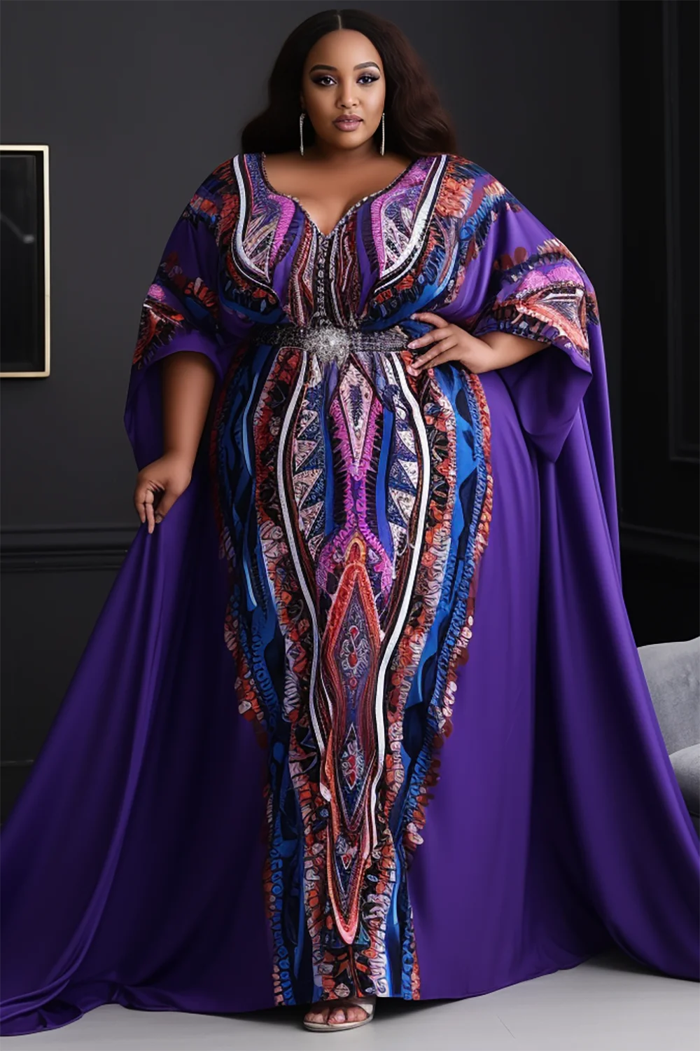 Xpluswear Design Plus Size Ankara Formal Elegant Purple Spring Summer V Neck Batwing Sleeve Maxi Dresses [Pre-Order]