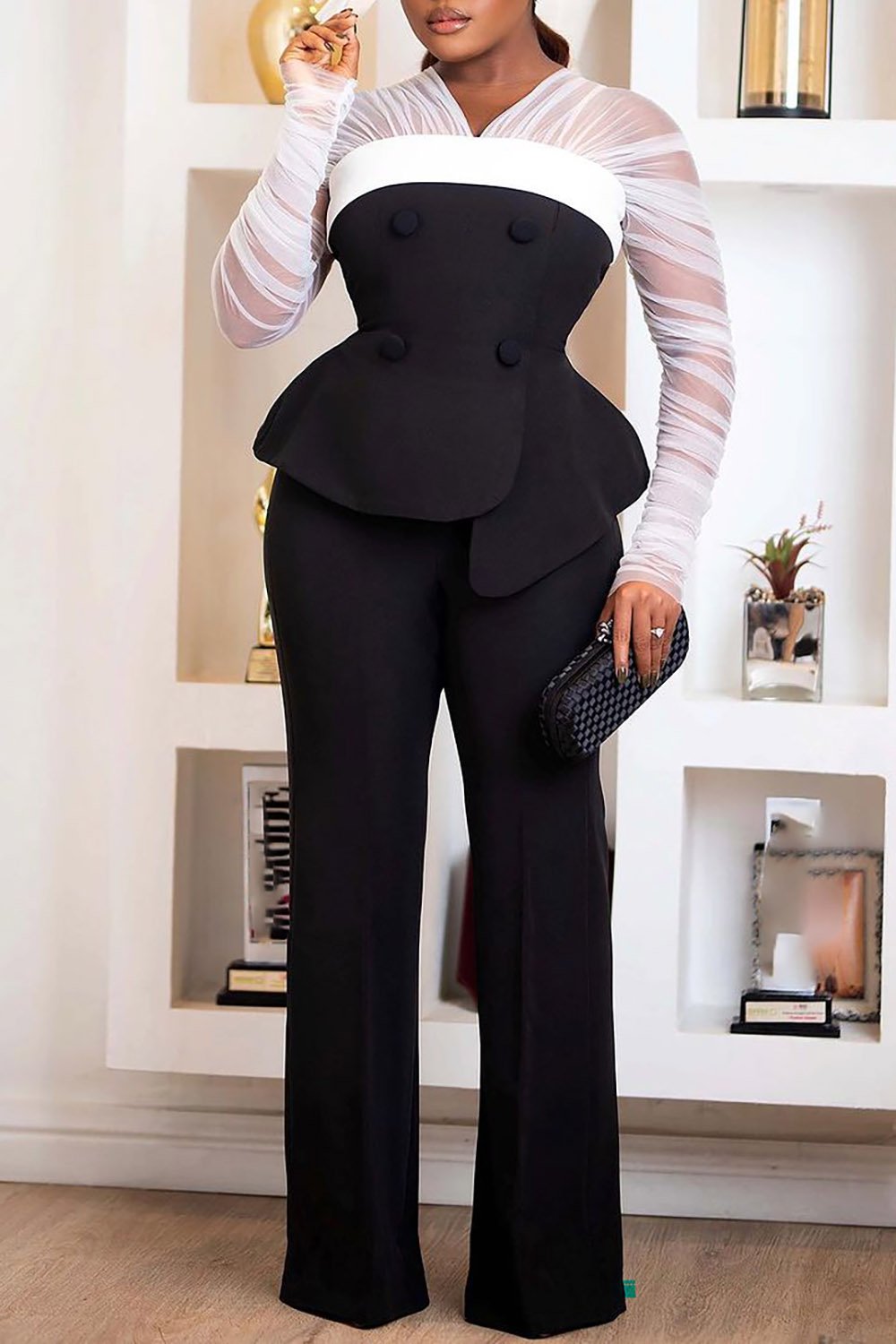 Plus Size Wedding Guest Pant Sets Elegant Black V Neck Long Sleeve Contrast See-Through Knitted Two Piece Pant Sets