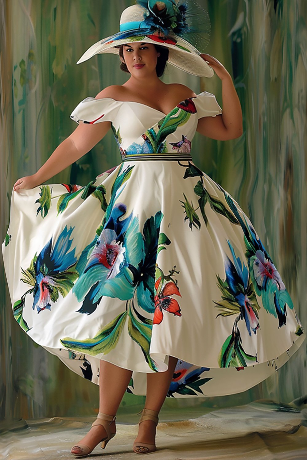 Xpluswear Design Plus Size Vacation White Floral Off The Shoulder Satin Sundress Midi Dresses