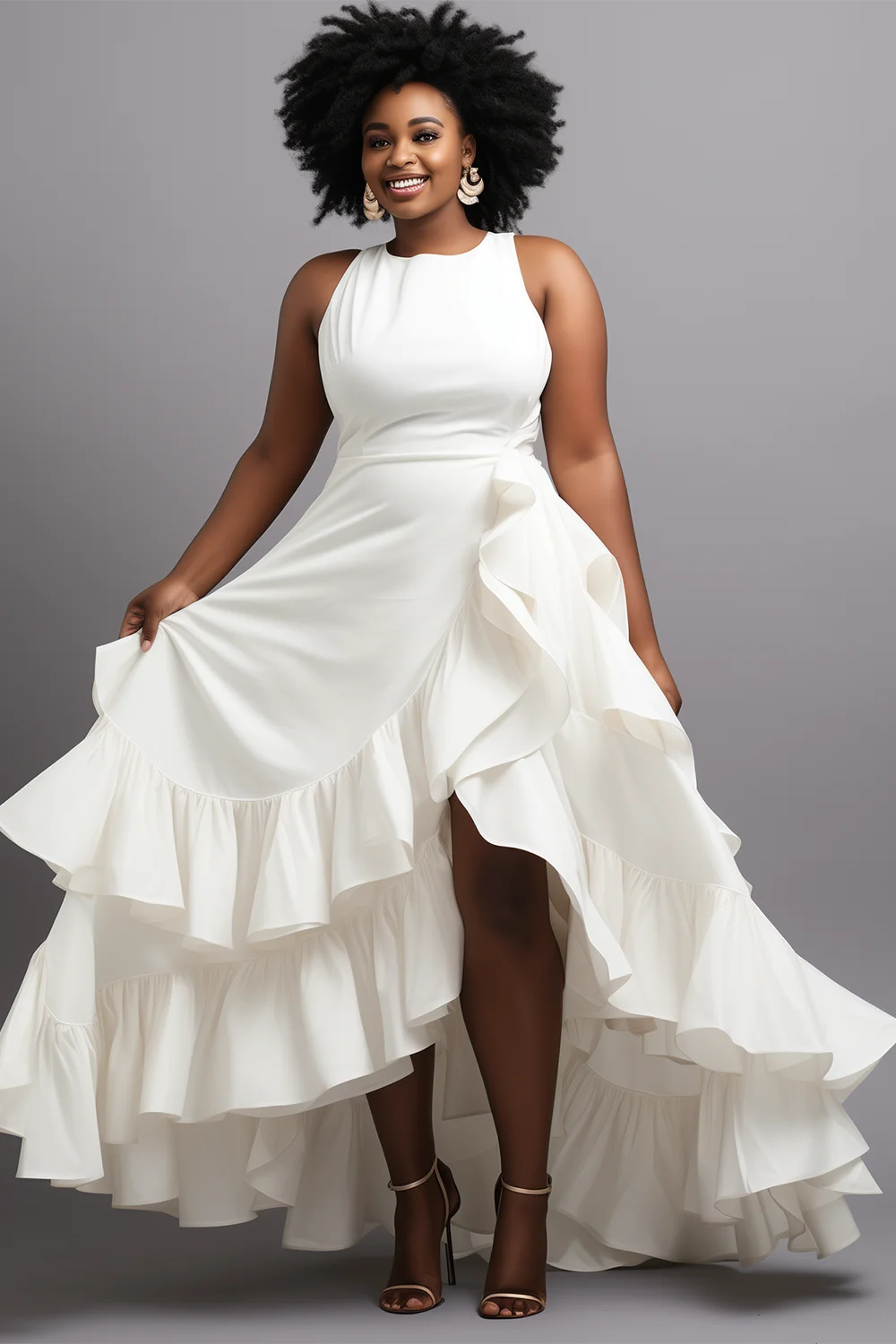 Xpluswear Design Plus Size Wedding White Round Neck Ruffle Irregular Hem Maxi Dresses [Pre-Order]