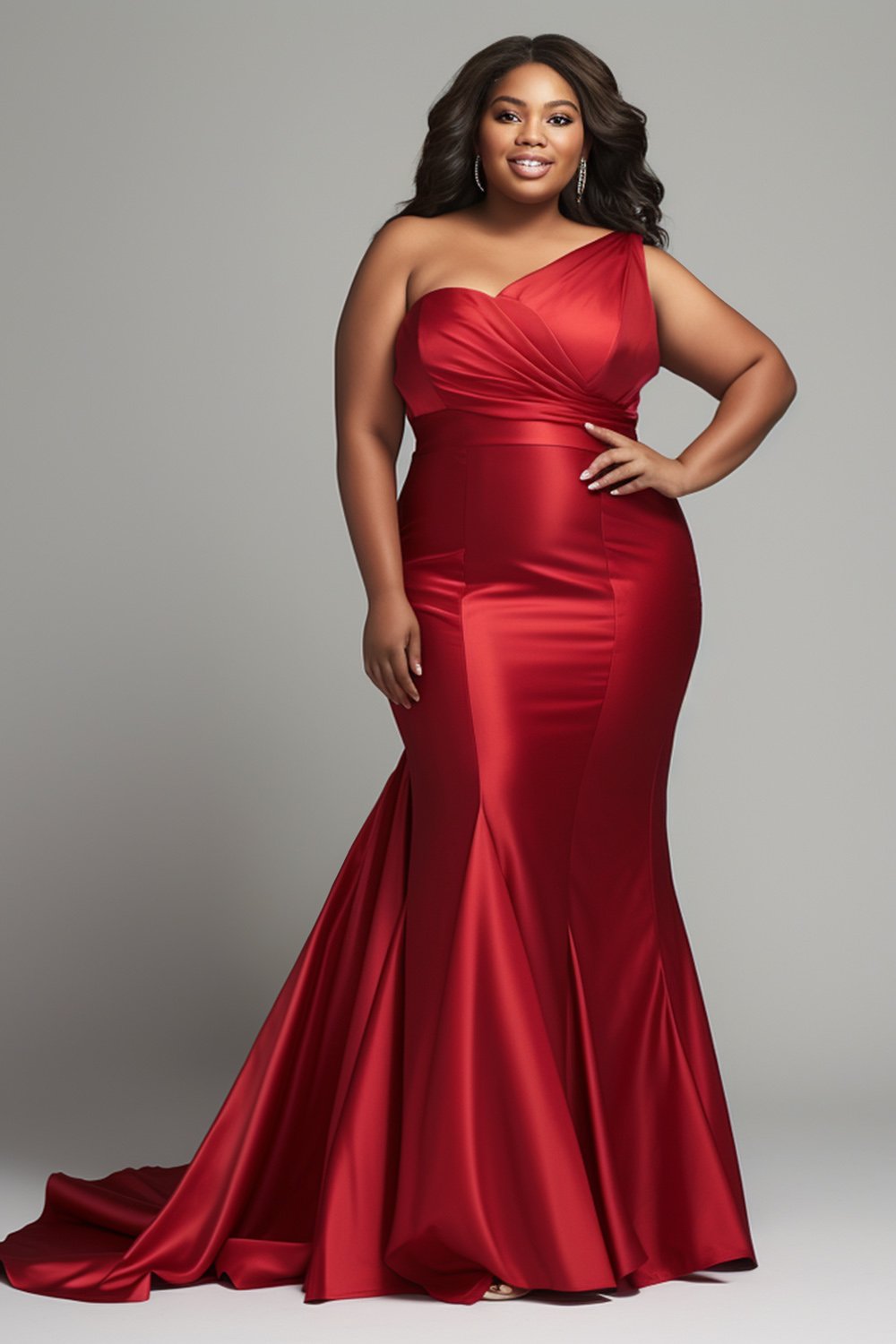 Xpluswear Design Plus Size Formal Elegant Red Oblique Collar Mermaid Satin Maxi Dresses