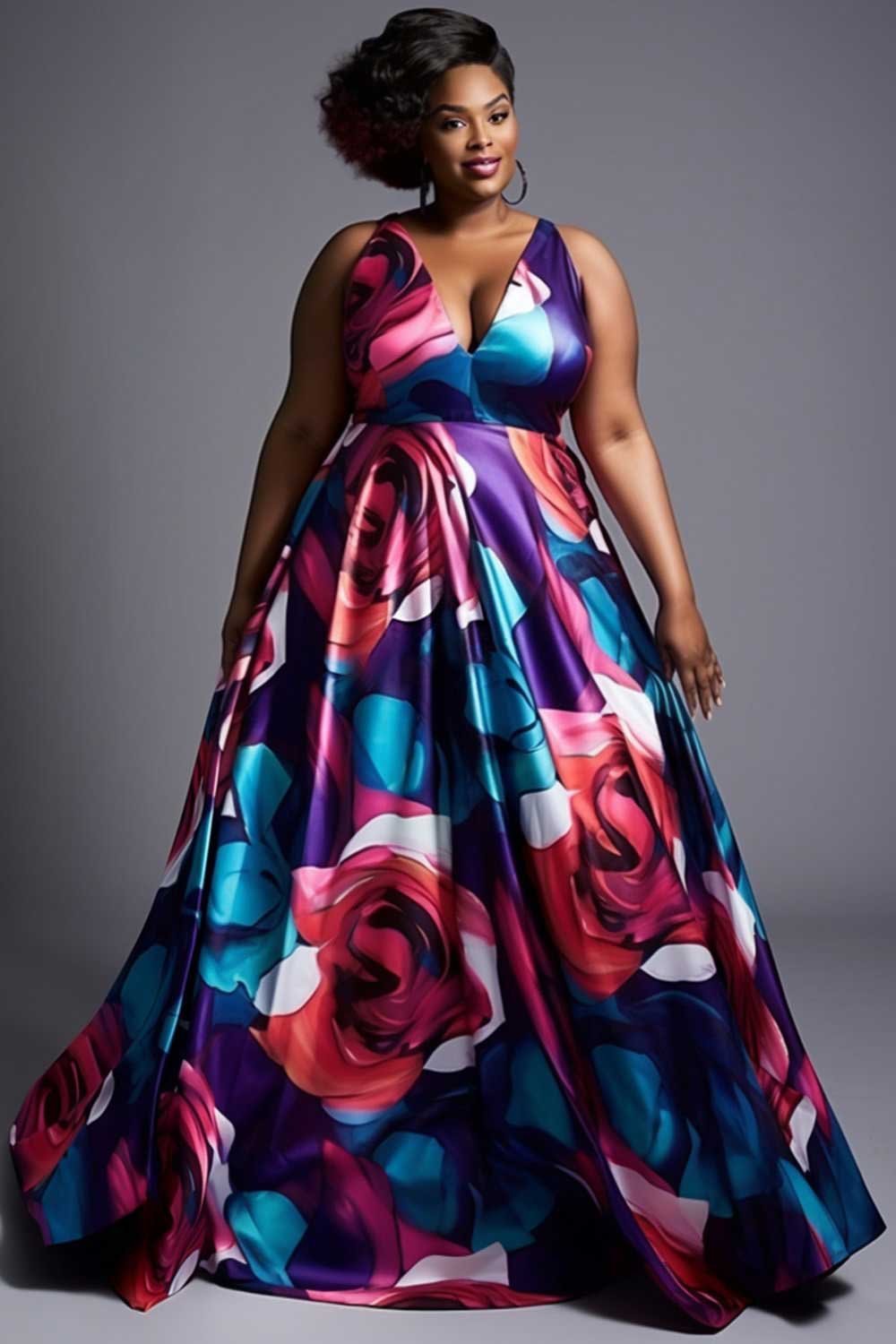 Xpluswear Design Plus Size Formal Elegant Multicolor Floral V Neck Satin Maxi Dresses [Pre-Order]