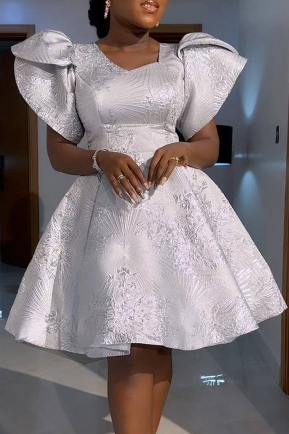 Plus Size Wedding Guest White Asymmetrical Collar Puff Sleeve Short Sleeve Mini Dresses [Pre-Order]