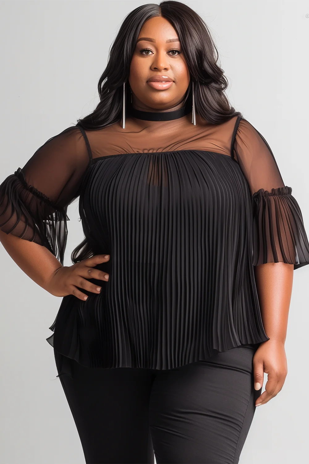 Xpluswear Design Plus Size Casual Black Round Neck Half Sleeve See Through Chiffon Blouses [Pre-Order]