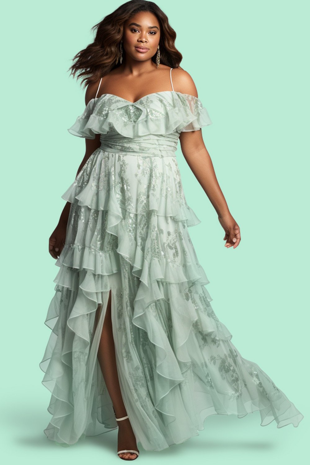 Xpluswear Design Plus Size Semi Formal Sage Green Open Shoulder Ruffle Tiered Chiffon Maxi Dresses [Pre-Order]