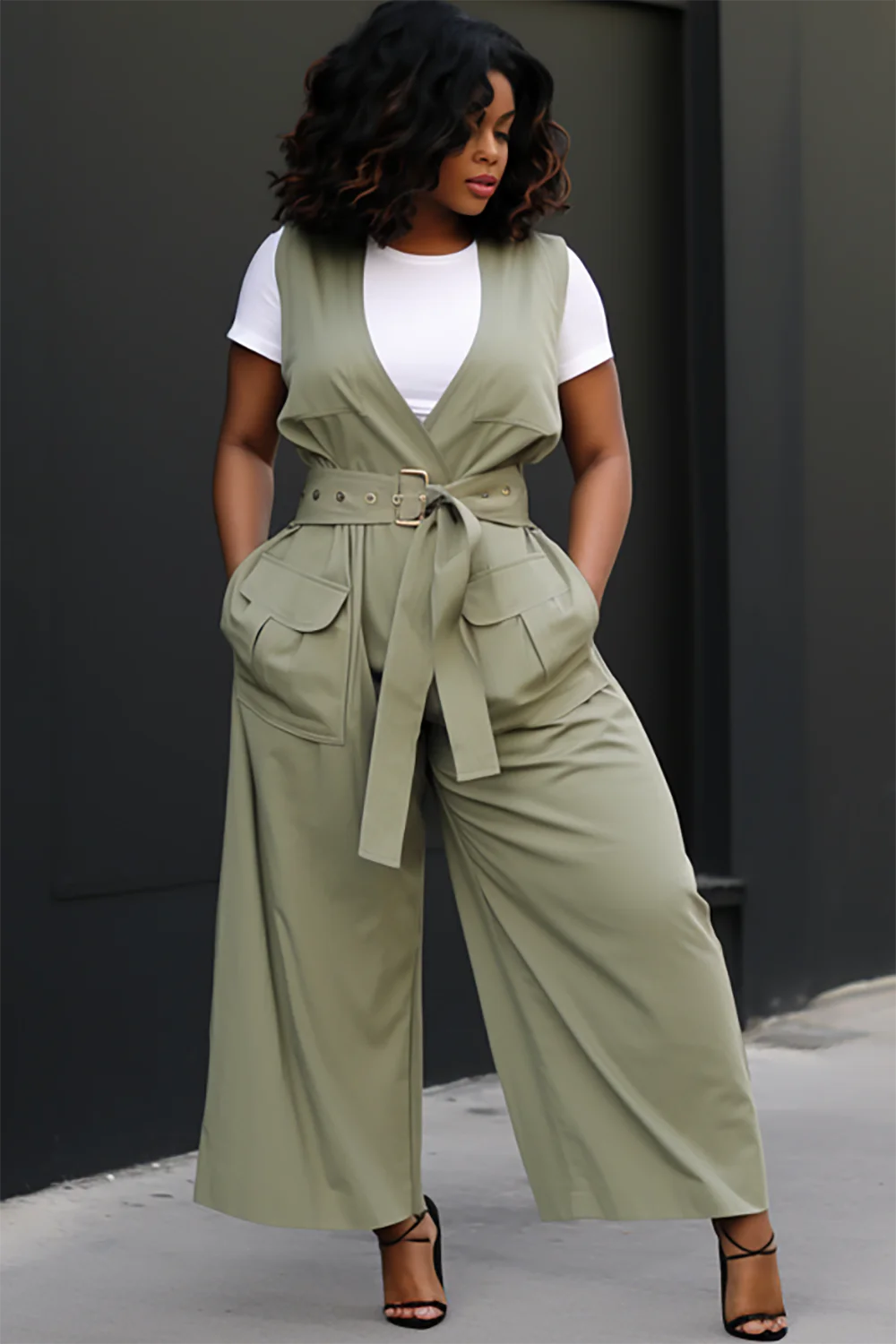 Xpluswear Design Plus Size Business Casual Green V Neck Wrap Pocket Jumpsuits [Pre-Order]