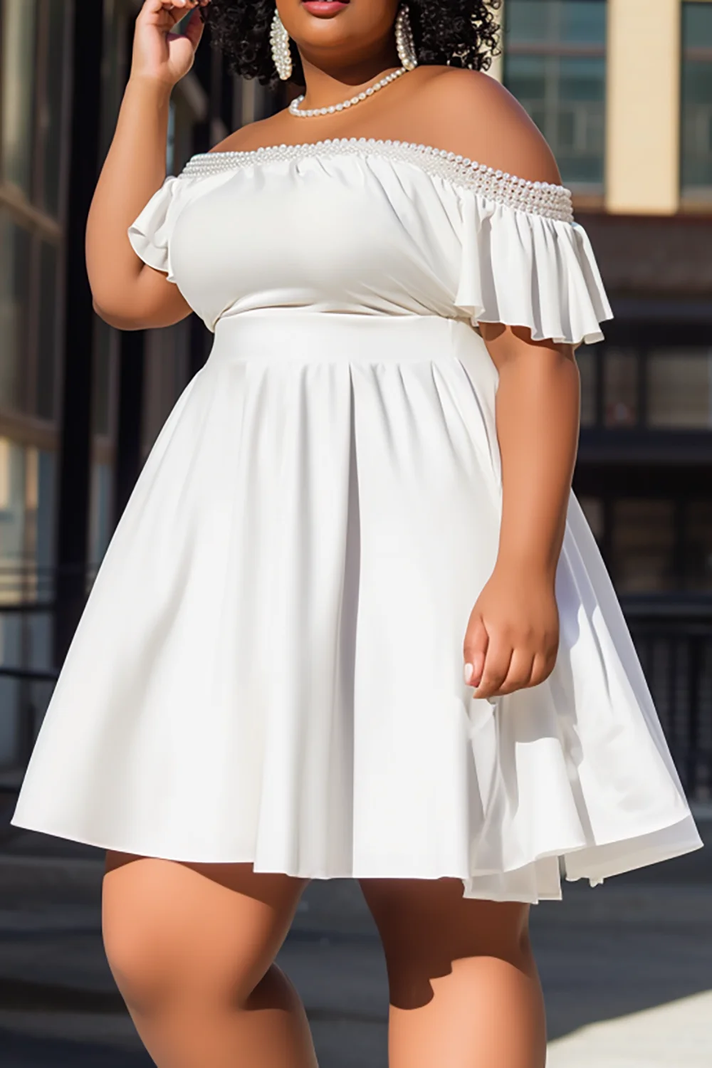 Xpluswear Design Plus Size Daily White Off The Shoulder Pearls Knitted Mini Dresses [Pre-Order]