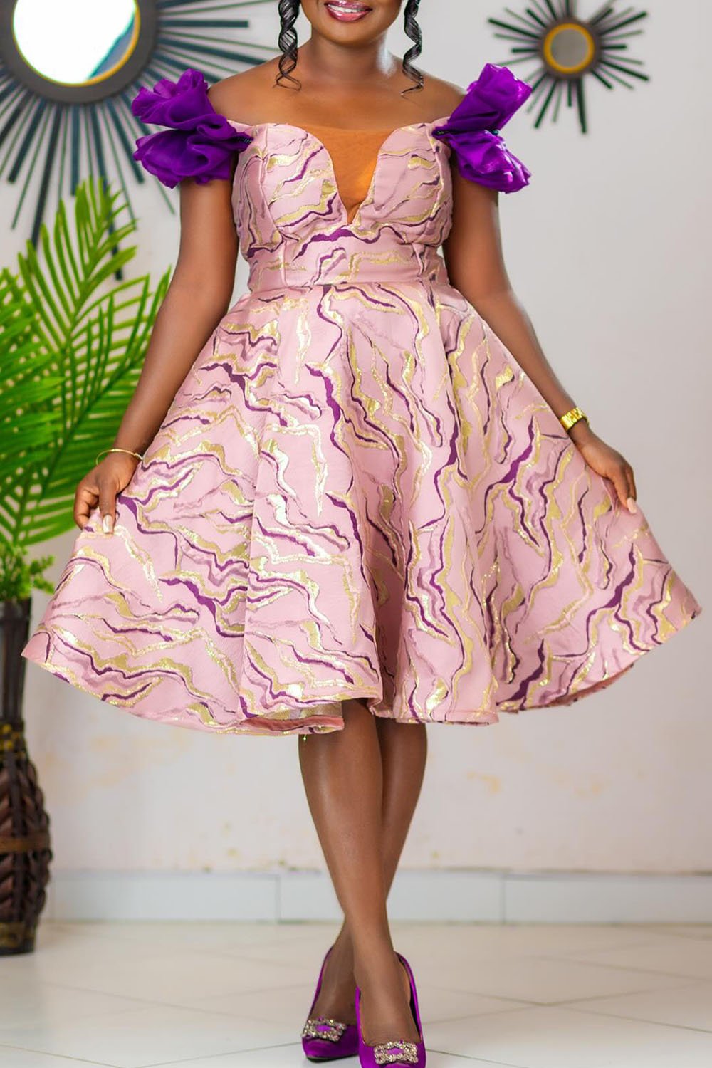 Plus Size Semi Formal Pink All Over Print Off The Shoulder Ruffle Print Midi Dresses [Pre-Order]