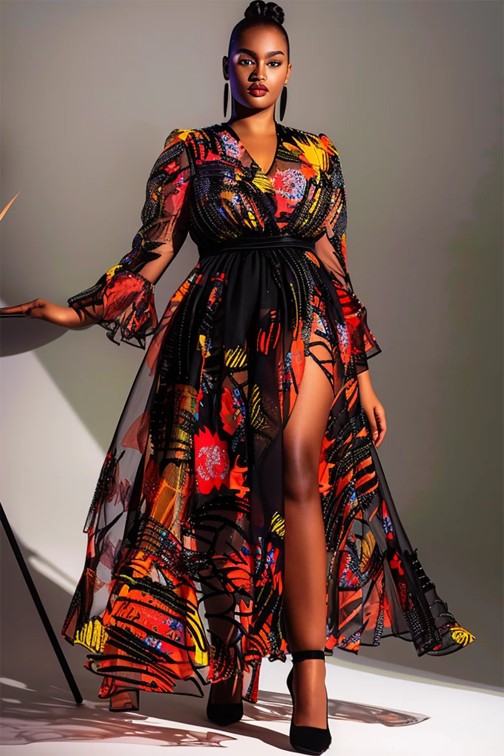 Xpluswear Design Plus Size Wedding Guest Multicolor Floral V Neck Long Sleeve Split See Through Chiffon Maxi Dresses [Pre-Order]