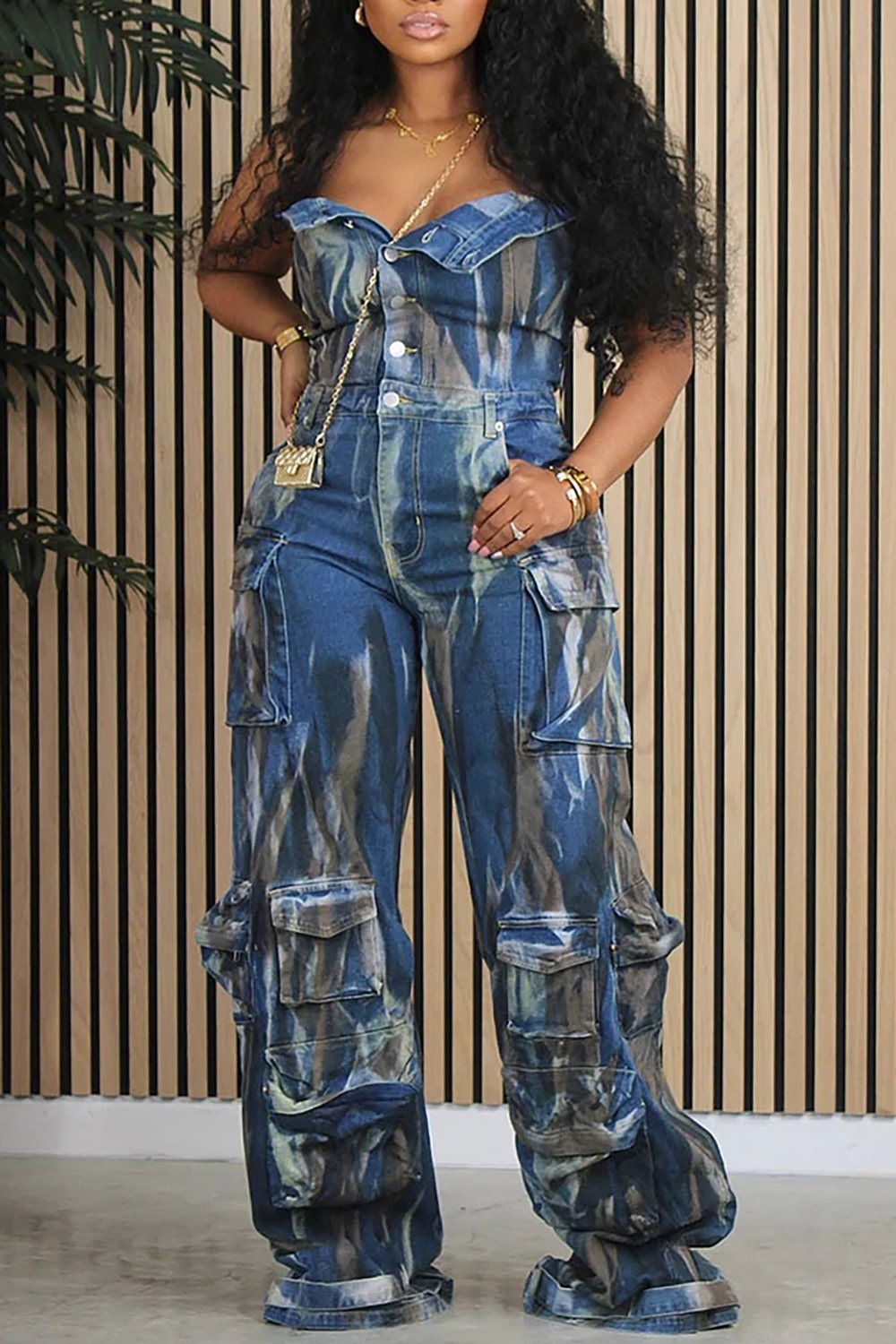 Plus Size Daily Blue Strapless Pocket Button Tie Dye Cargo Denim Jumpsuits [Pre-Order]