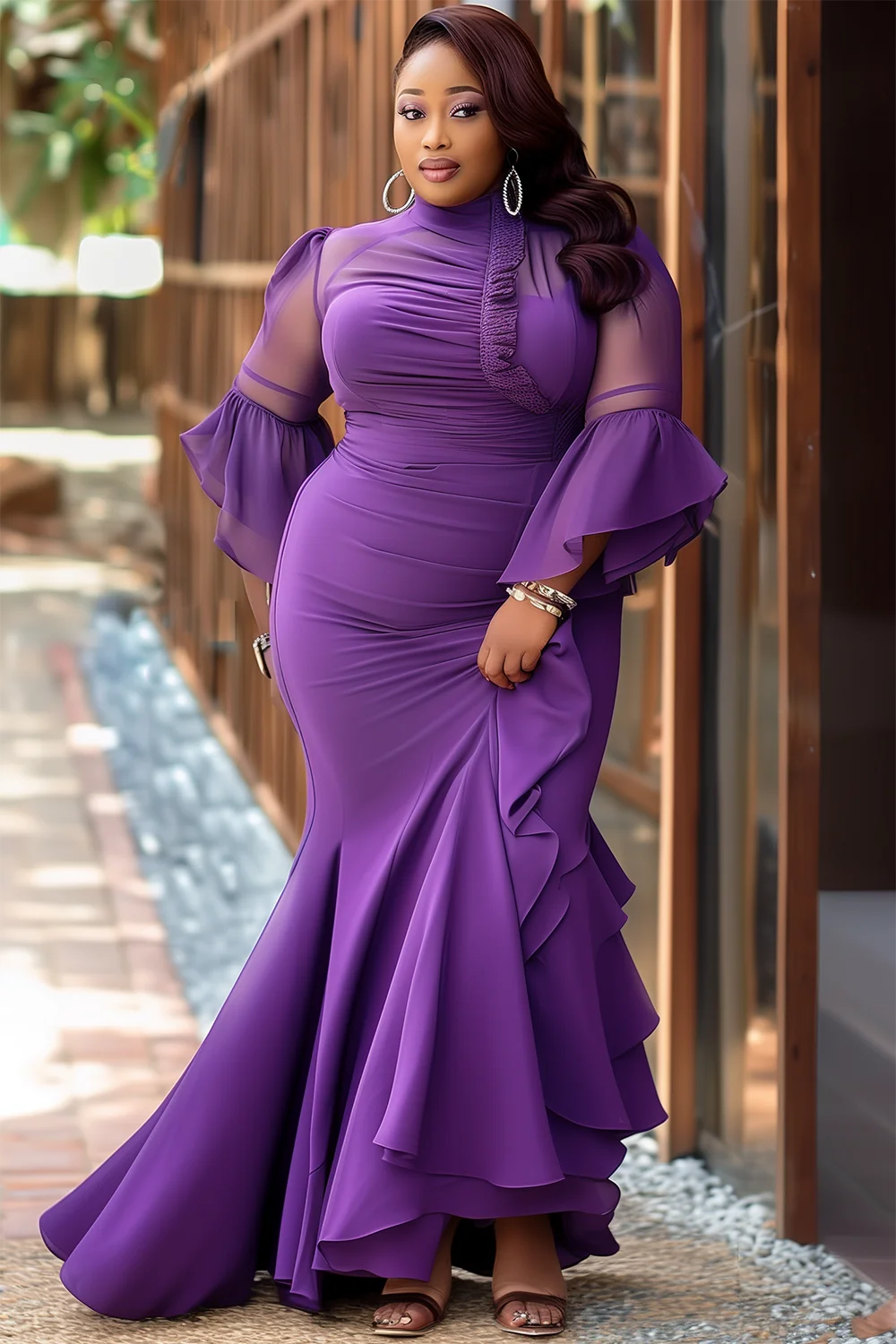 Xpluswear Design Plus Size Formal Purple Mock Neck Flare 3/4 Sleeve Asymmetric Hem Ruffle Mesh Maxi Dresses [Pre-Order]