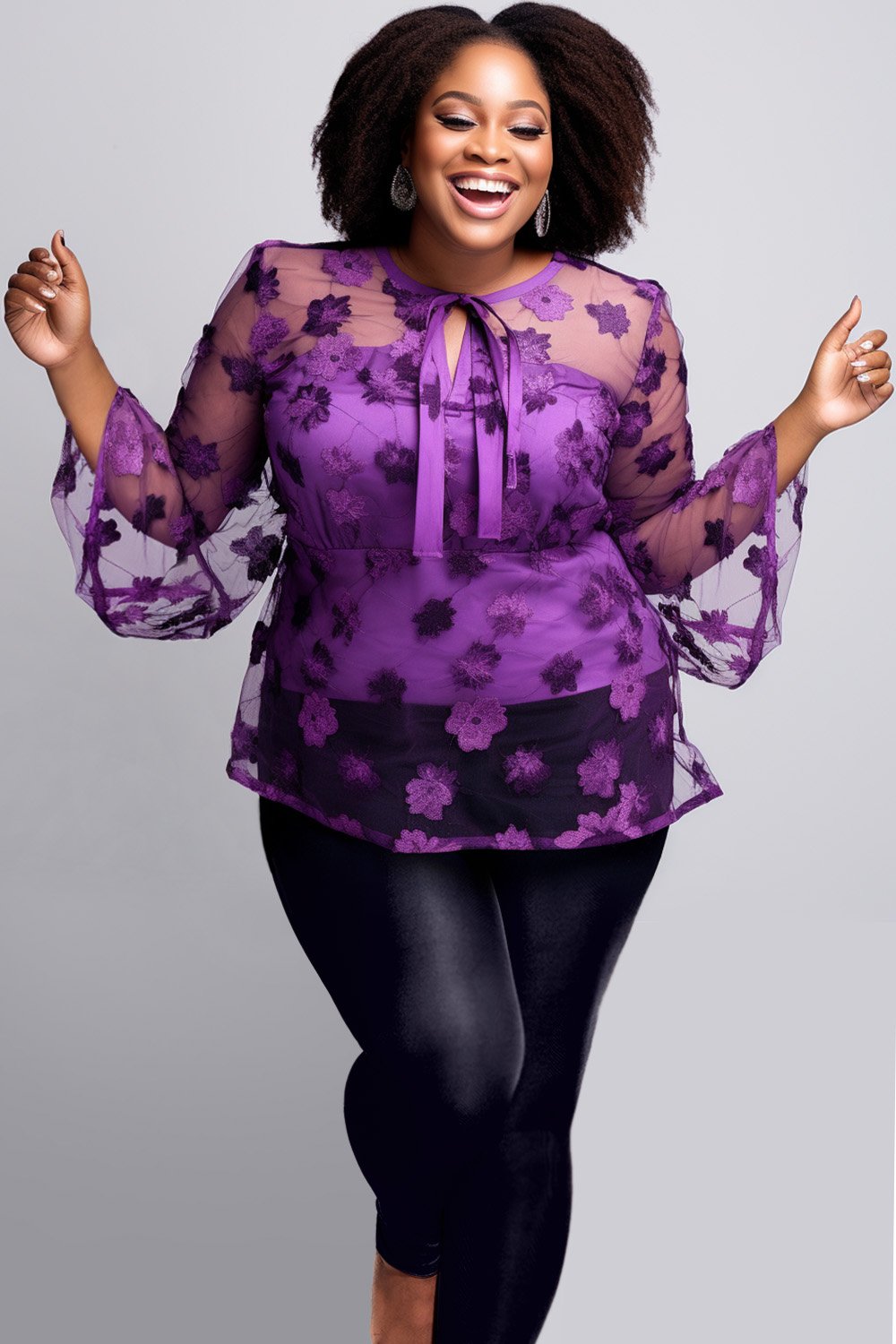 Xpluswear Design Plus Size Semi Formal Purple All Over Print Spring Summer Round Neck Flare Long Sleeve See Through Mesh Blouses [Pre-Order]