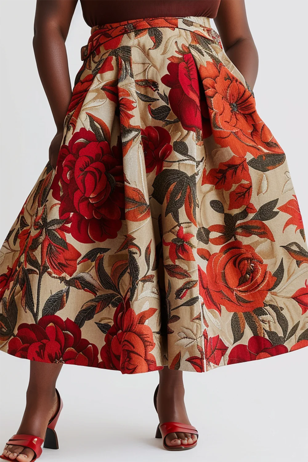 Xpluswear Design Plus Size Daily Red Floral Print Pocket Linen Midi Skirts [Pre-Order]