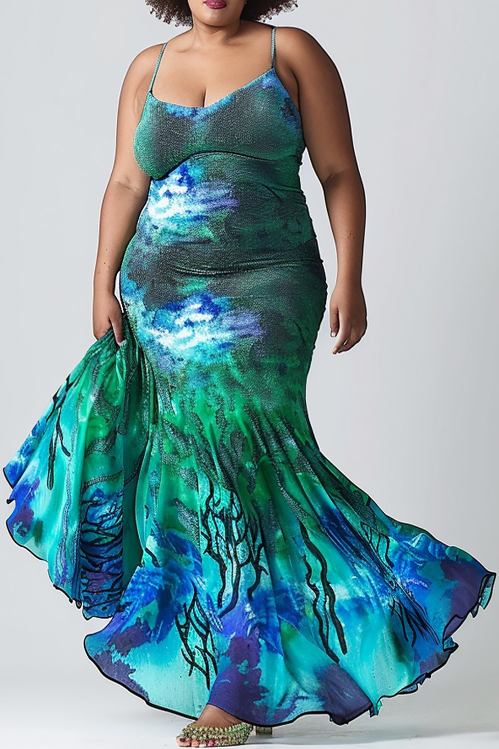 Xpluswear Design Plus Size Party Green All Over Print Cami Sleeveless Mermaid Maxi Dresses [Pre-Order]