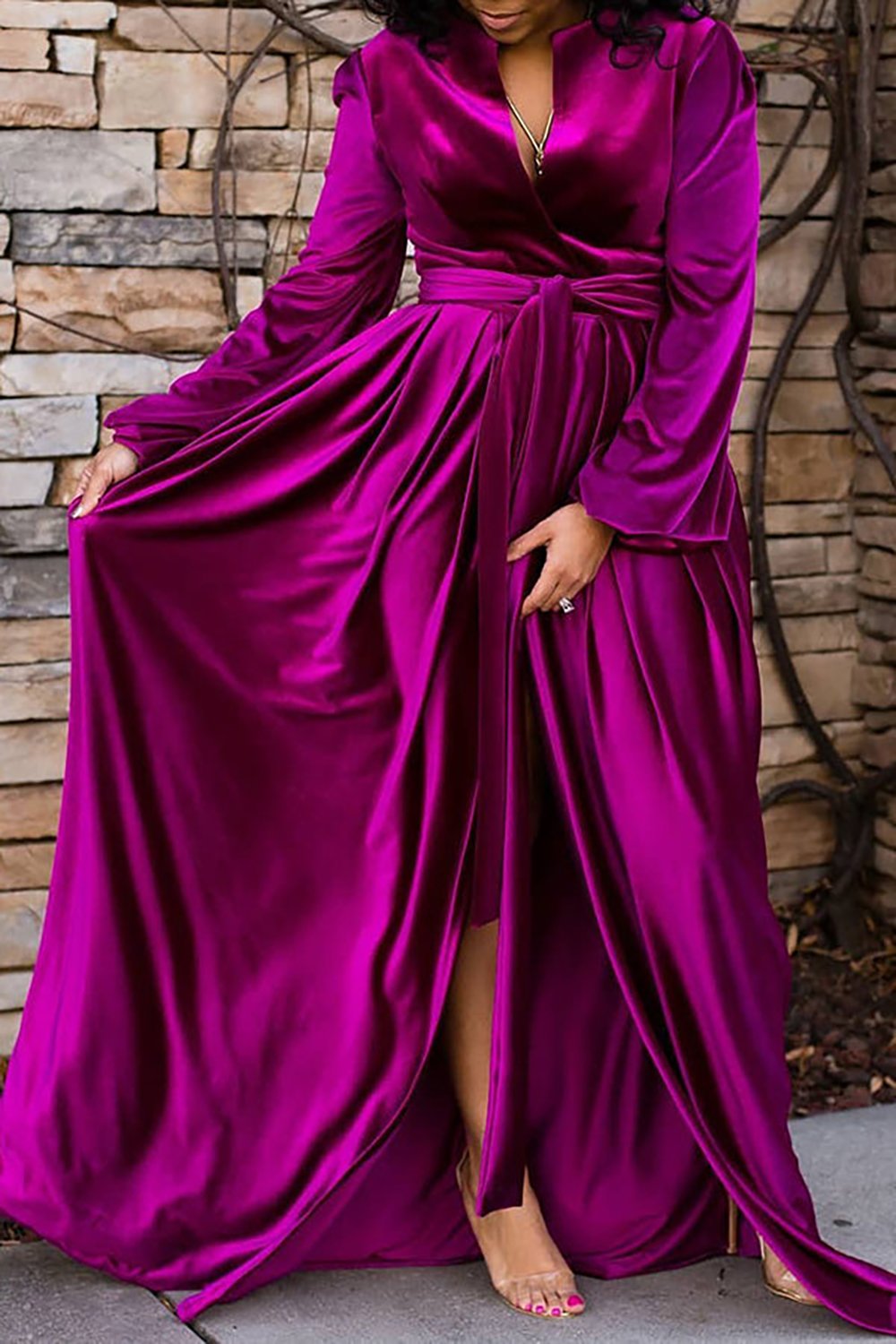 Plus Size Semi Formal Dress Magenta Velvet Lantern Sleeve Maxi Dress With Belt