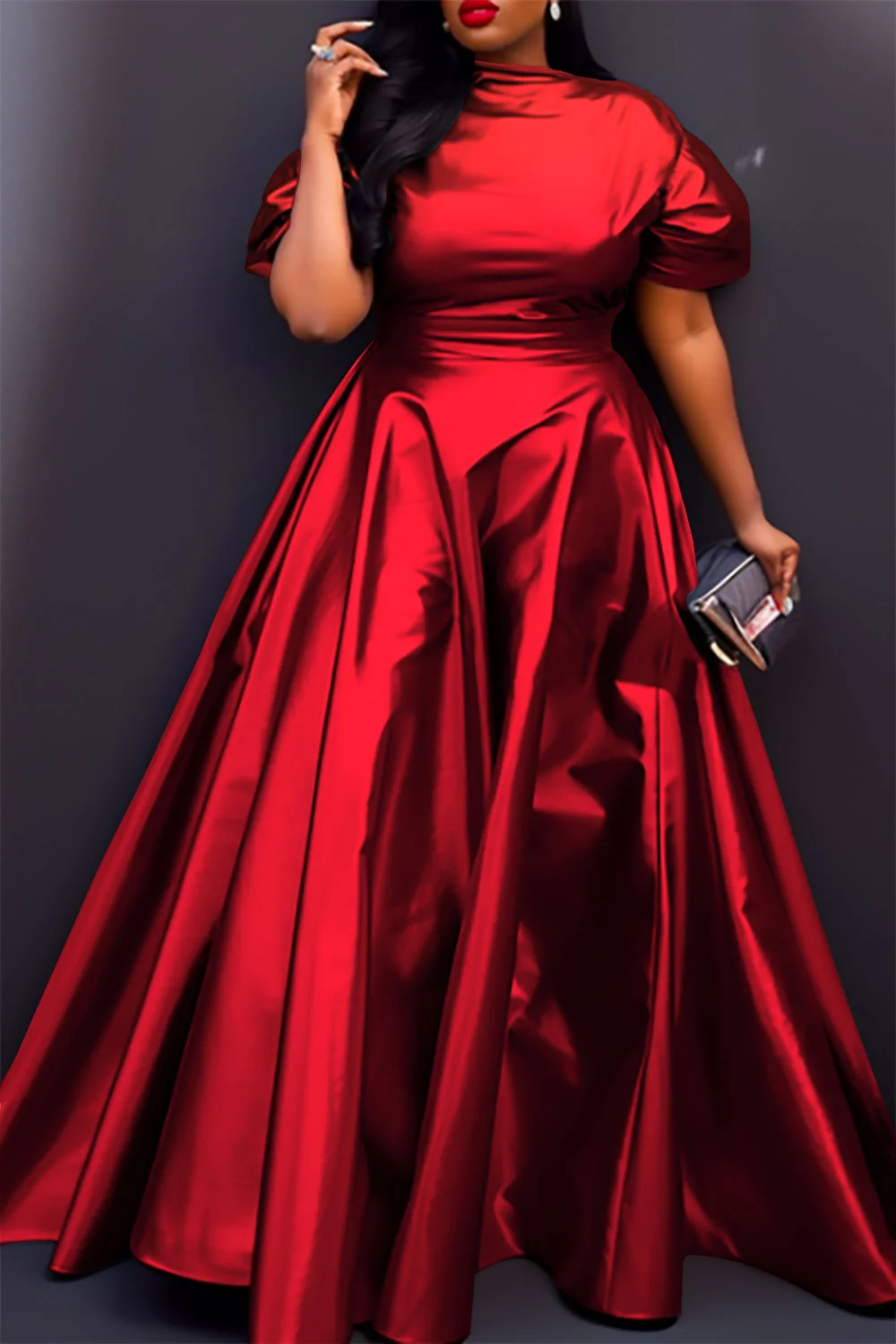 Xpluswear Design Plus Size Semi Formal Maxi Dresses Elegant Red Fall Winter Short Sleeve Satin Maxi Dresses