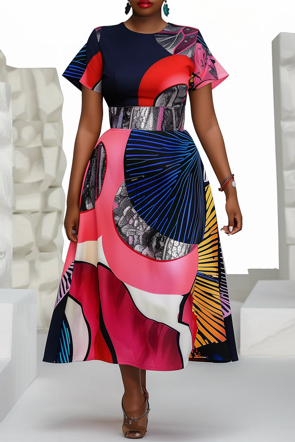 Xpluswear Design Plus Size Semi Formal Multicolor Colorblock Round Neck Short Sleeve Knitted Midi Dresses [Pre-Order]
