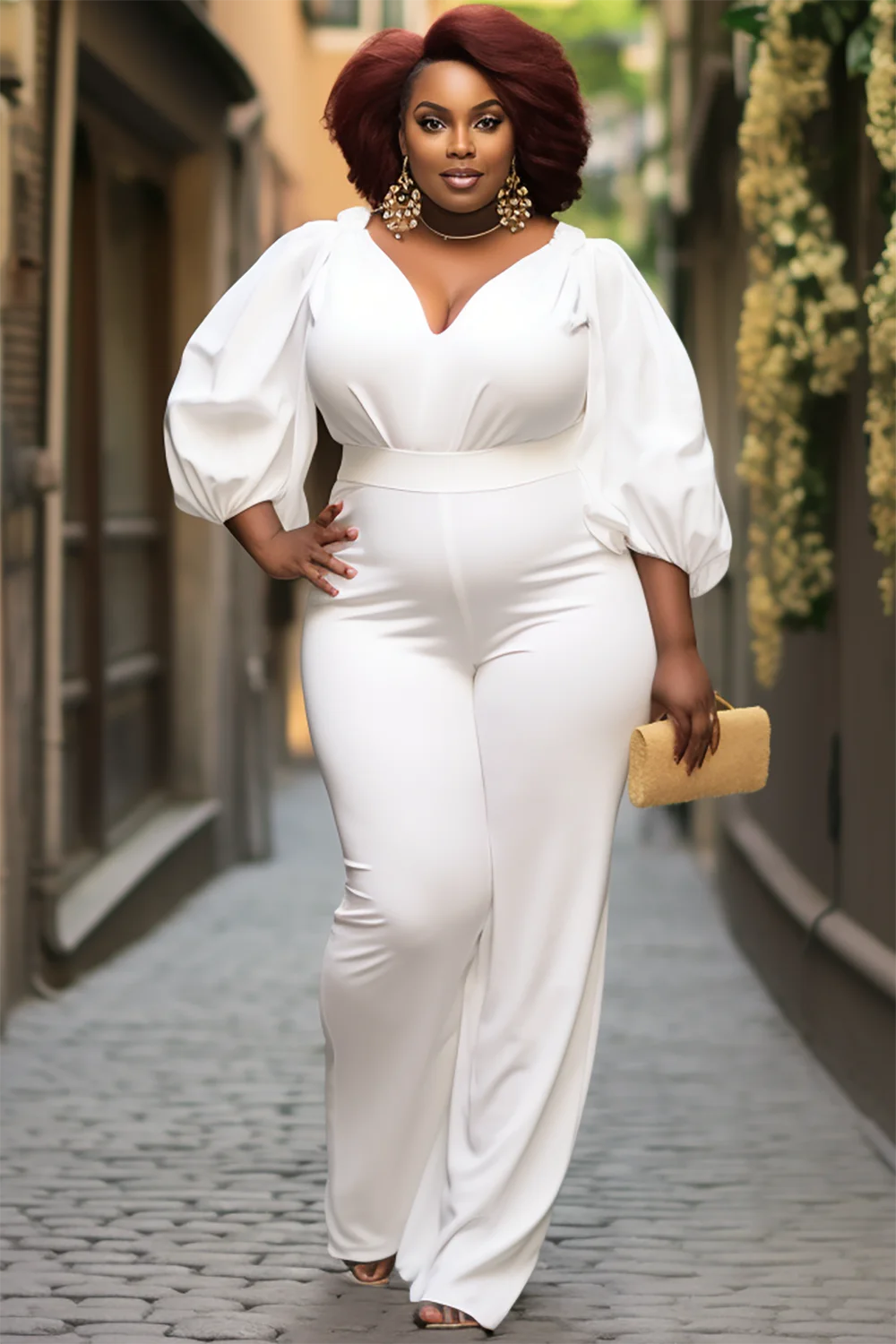 Xpluswear Design Plus Size Semi Formal Elegant White V Neck Lantern Sleeve 3/4 Sleeve Knitted Jumpsuits [Pre-Order]