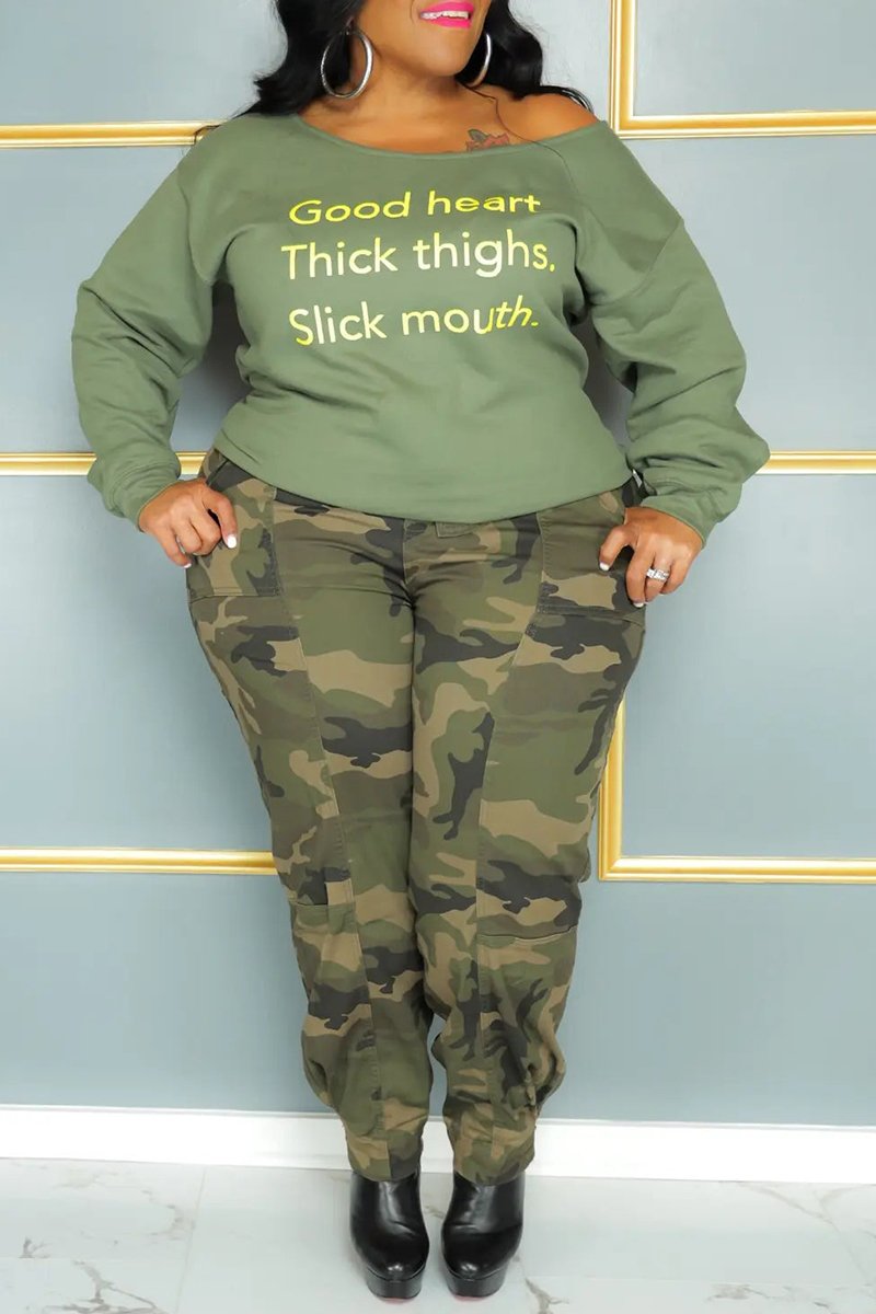 Xpluswear Plus Size Casual Pants Set Green Off Shoulder Letter Print Sweatshirt Camo Cargo Two Pieces Pants Set