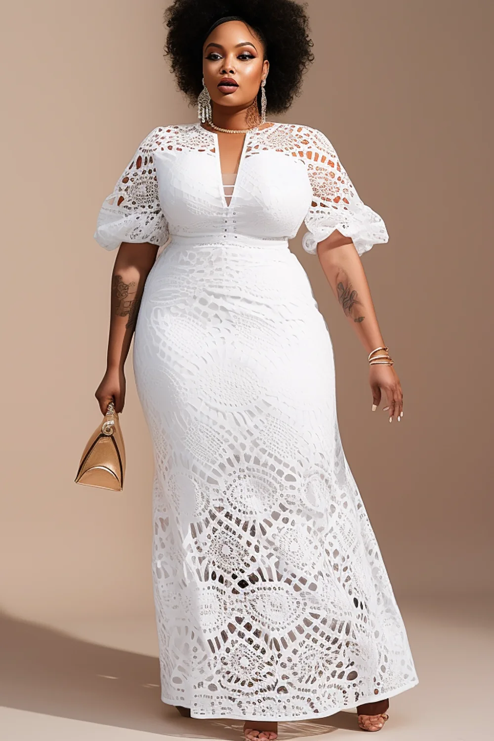 Xpluswear Design Plus Size Mother Of The Bride Elegant White Round Neck Puff Sleeve Short Sleeve Hollow Lace Maxi Dresses [Pre-Order]