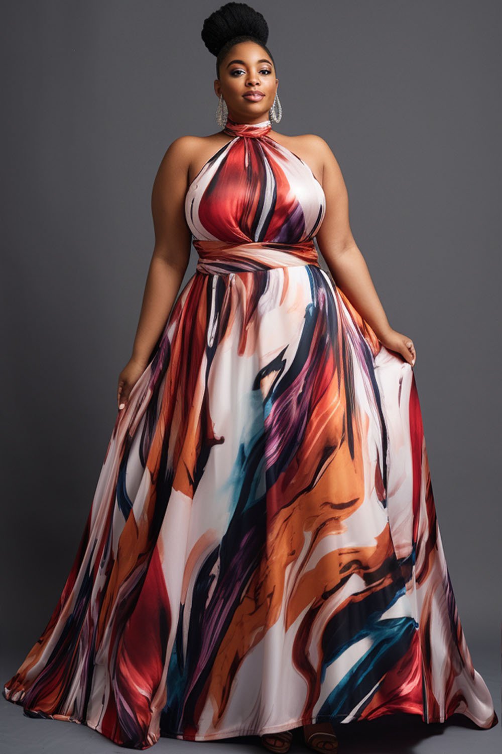 Xpluswear Design Plus Size Vacation Elegant Multicolor All Over Print Halter Collar Satin Maxi Dresses