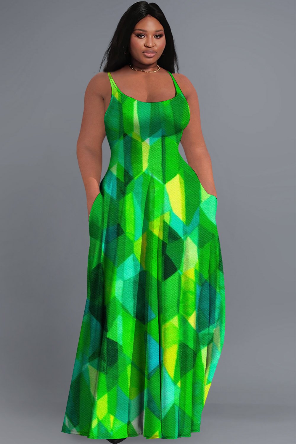 Xpluswear Design Plus Size Casual Green Colorblock Print U Neck Sleeveless Pocket Maxi Dress