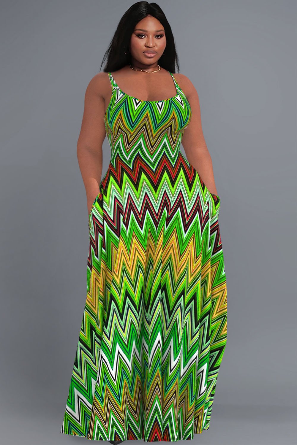 Xpluswear Design Plus Size Casual Green Geometric Print U Neck Sleeveless Pocket Maxi Dress