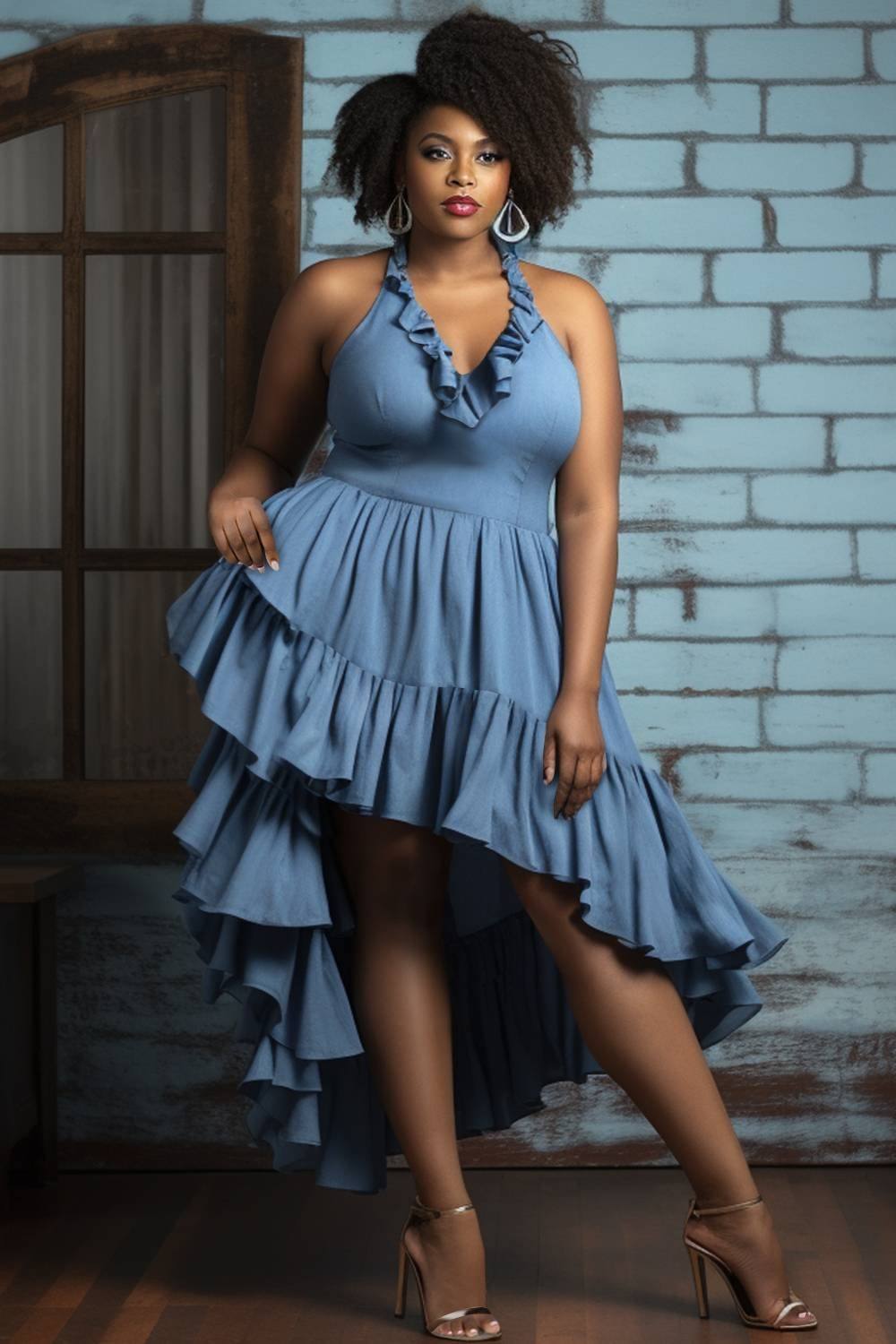 Xpluswear Design Plus Size Vacation Light Blue Halter Collar Ruffle Asymmetric Hem Tencel Denim Midi Dresses [Pre-Order]