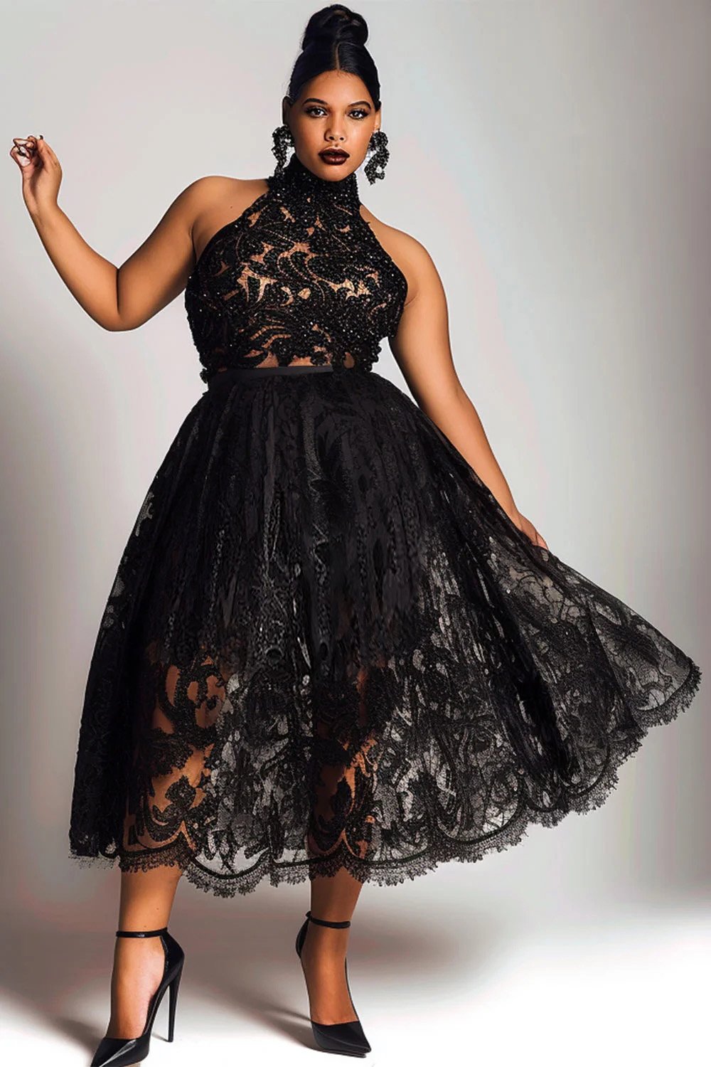 Xpluswear Design Plus Size Party Black Halter Collar See Through Lace Midi Dresses [Pre-Order]